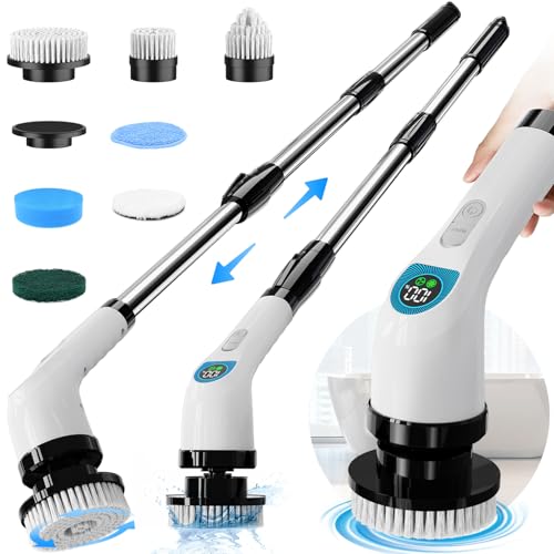 Electric Spin Scrubber Cordless Cleaning Brush with 10 Cleaning Tools 2H Long Battery Life Adjustable Handle IPX7 Waterproof Power Scrubber for Bathroom Tub Tile and Car Cleaning
